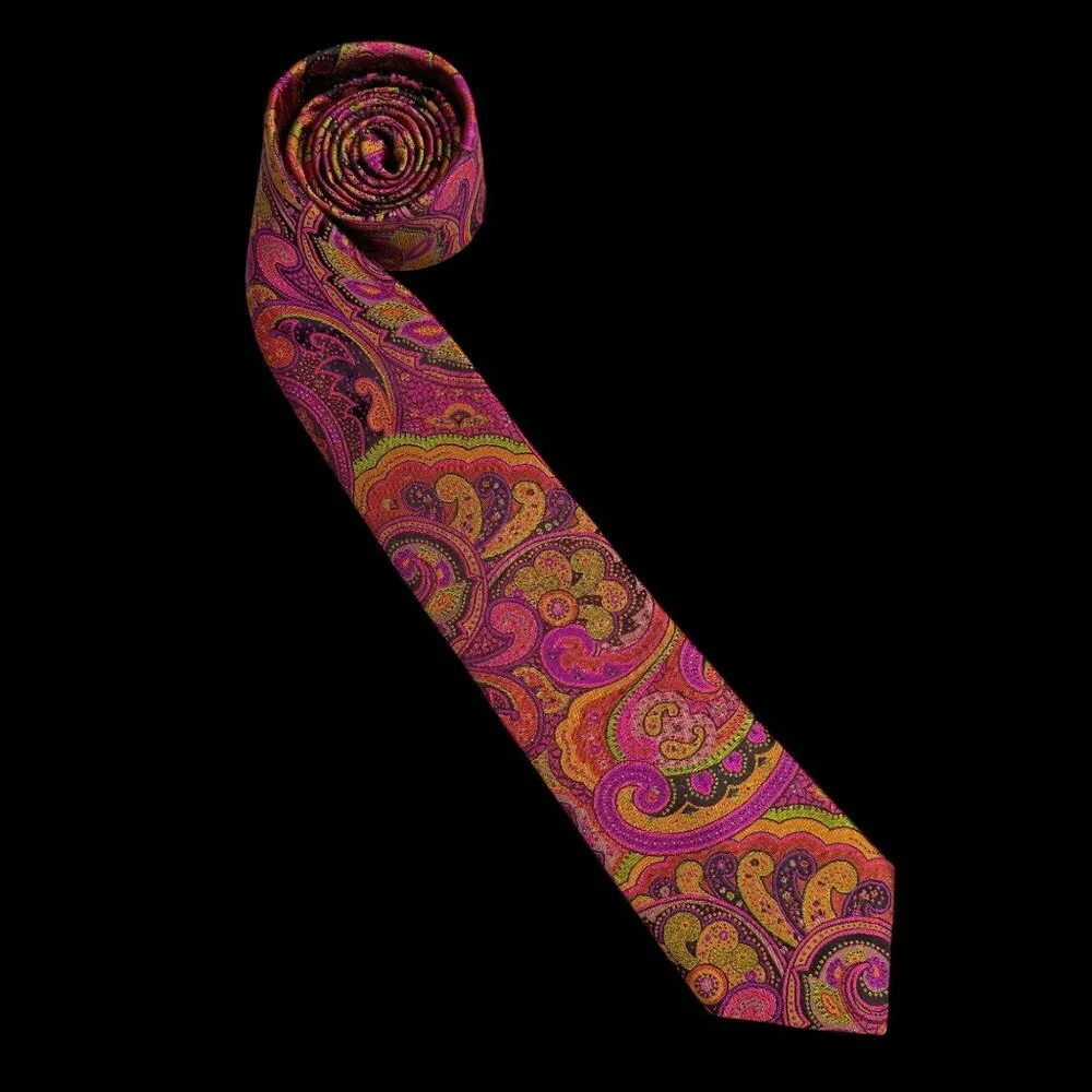Ted Baker London 100% Silk Paisley Necktie Pink Gold Mustard Made In USA Retro - Picture 2 of 11